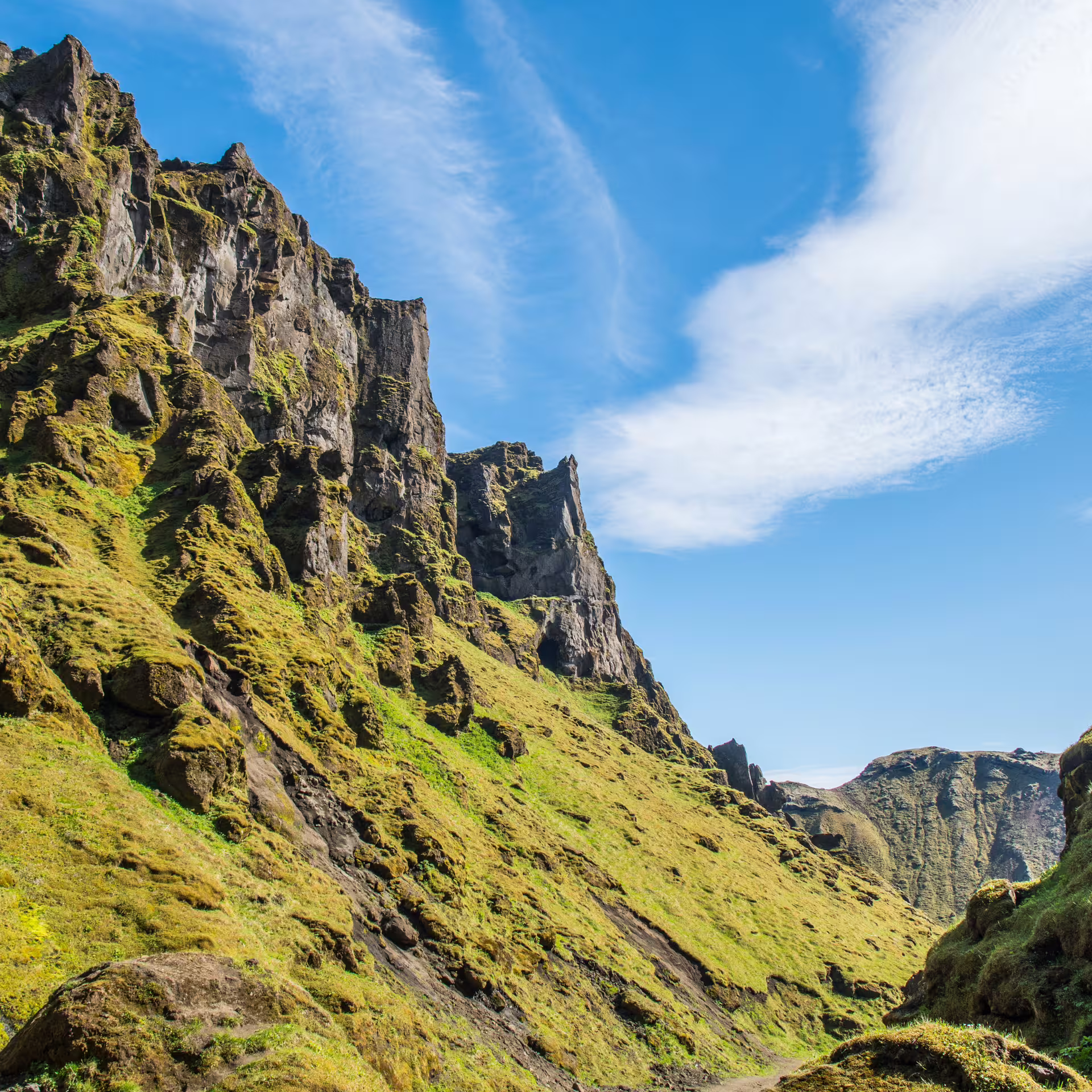 Moss-covered volcanic cliffs of Thakgil Canyon near Vík Iceland on a private superjeep adventure tour