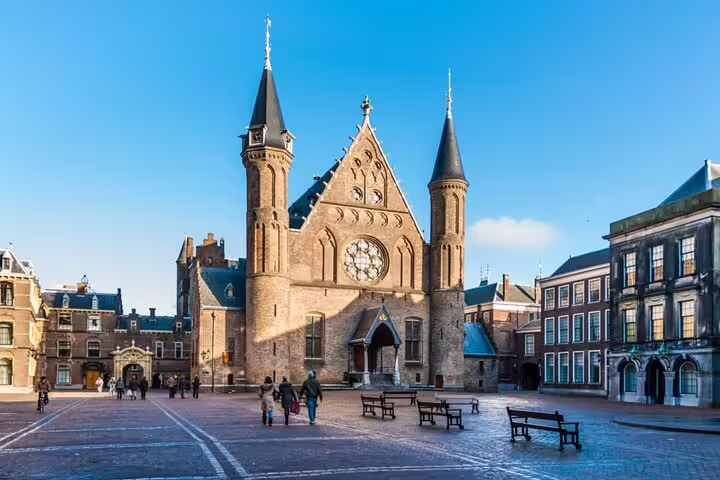 Ridderzaal Gothic hall with twin towers at Binnenhof courtyard in The Hague old town