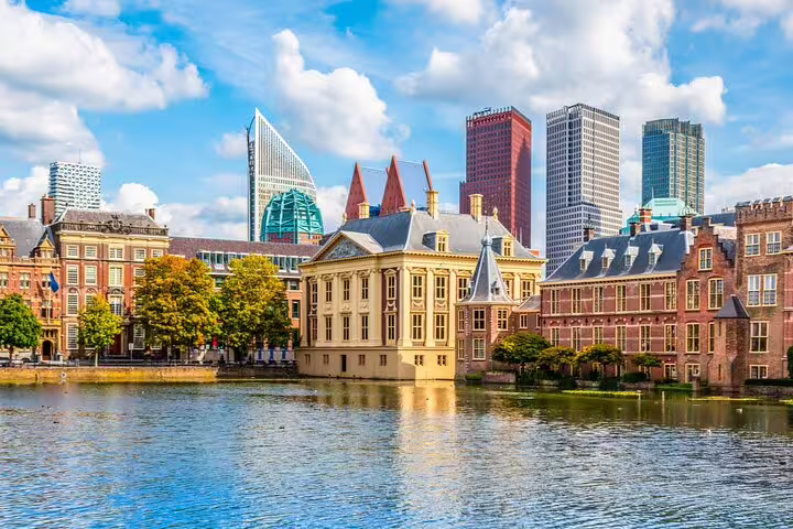 The Hague skyline with Mauritshuis museum and Hofvijver pond on a sunny day