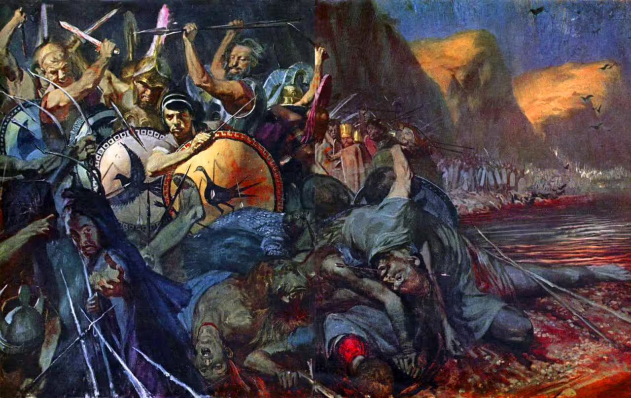 Dramatic Thermopylae battle artwork, a key stop on the 2-day private Meteora & Thermopylae tour from Athens