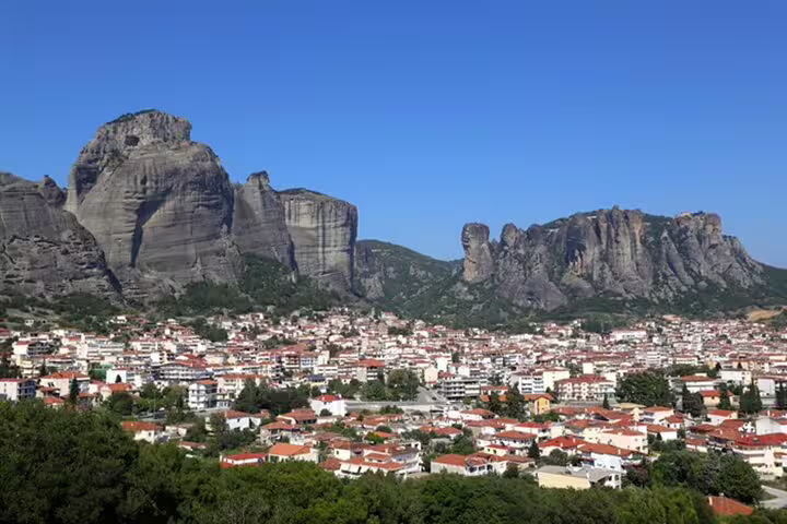 Kalambaka town with Meteora rock formations, scenic stop on Thessaloniki to Meteora private day trip