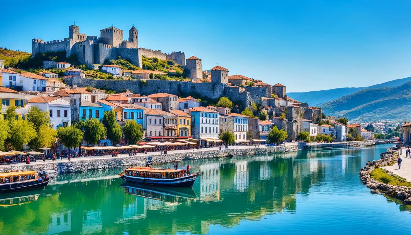 Scenic view of Valbone's historic castle and vibrant riverside houses, ideal for Theth – Valbone Tour enthusiasts.