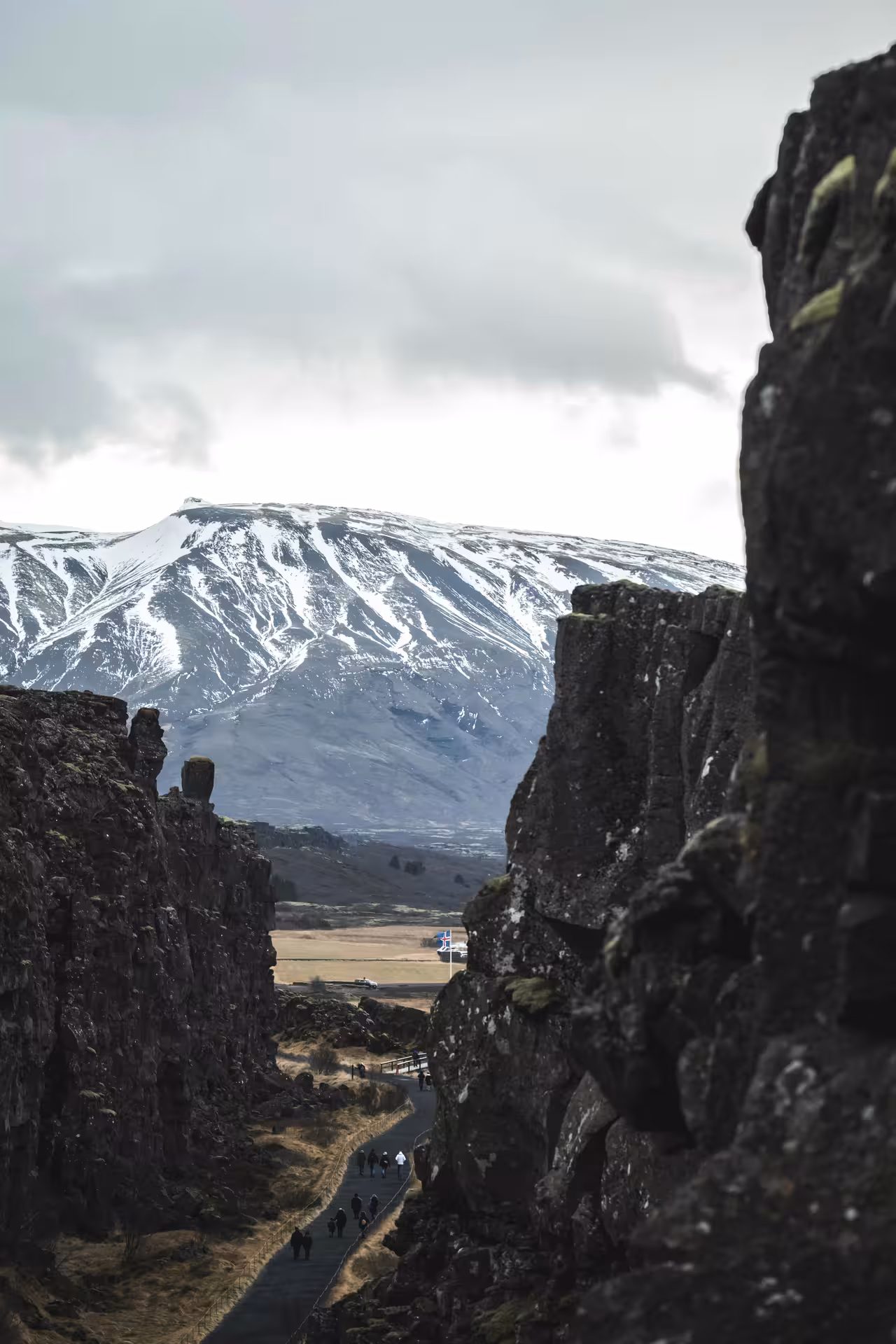 Þingvellir canyon rift valley with snowy mountain and Icelandic flag on Golden Circle tour