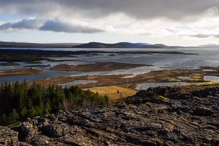 Aerial view of Þingvellir lake and lava fields on Iceland's Golden Circle route