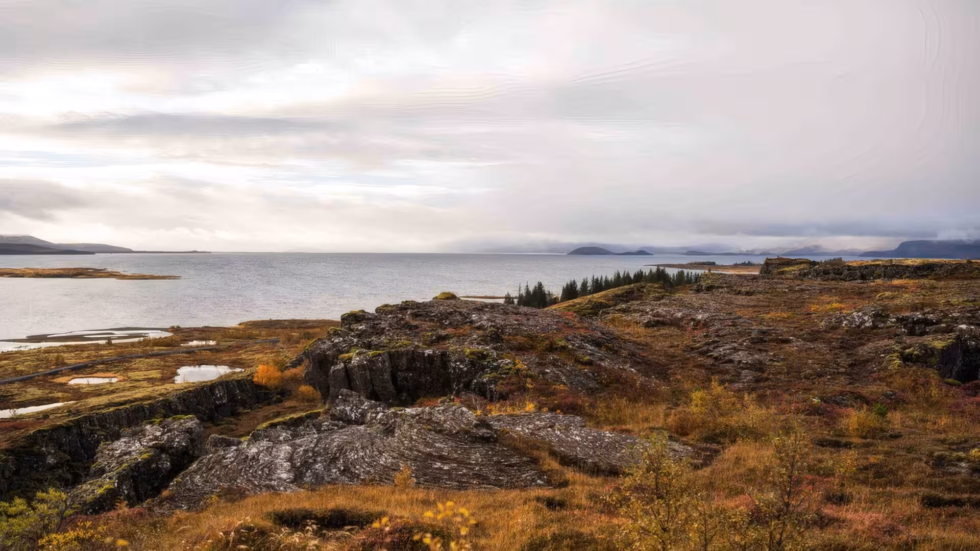 Rocky lava fields and lake at Þingvellir National Park on Iceland's Golden Circle route