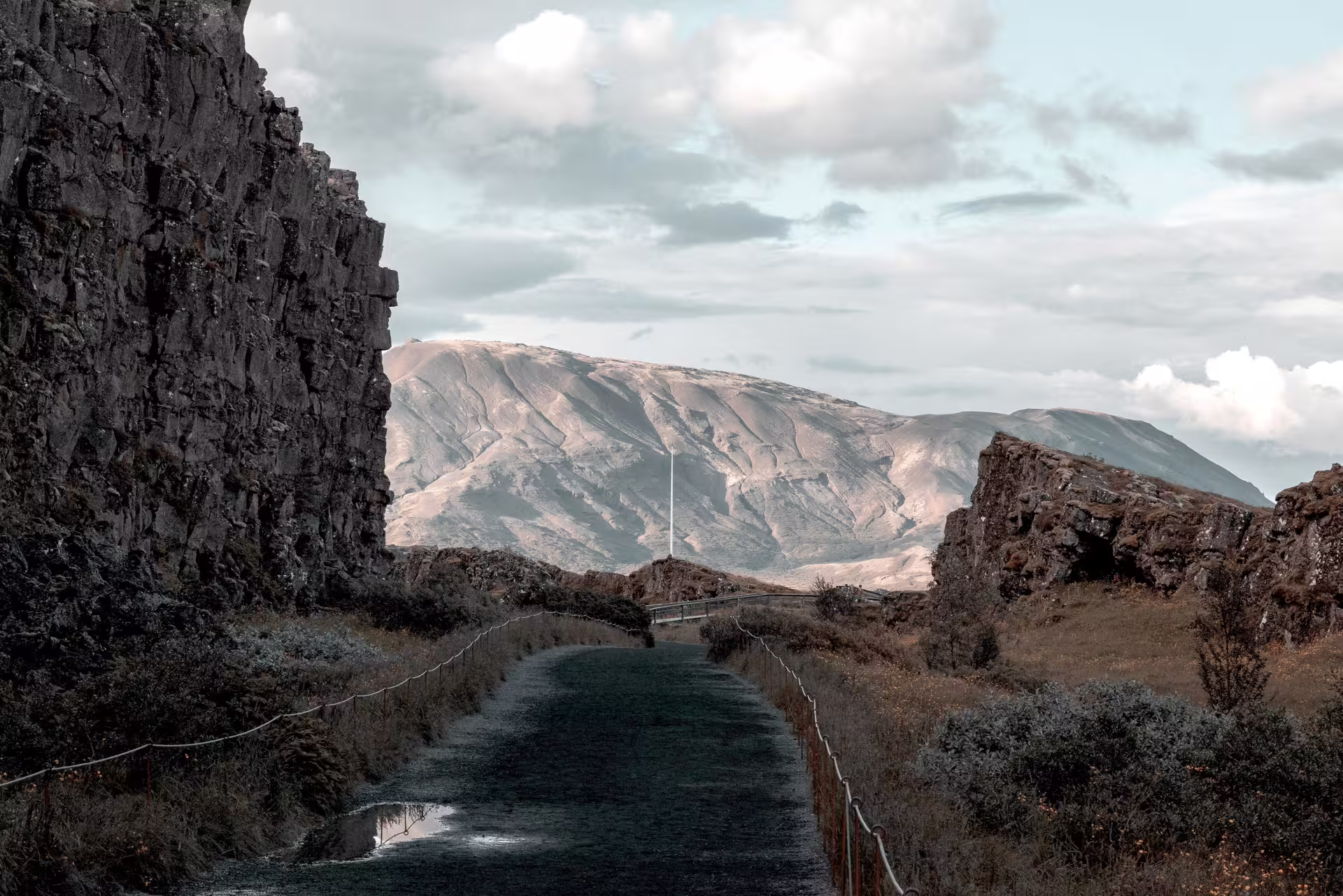 Þingvellir National Park rift valley path between lava cliffs on a Private Golden Circle day tour, Iceland