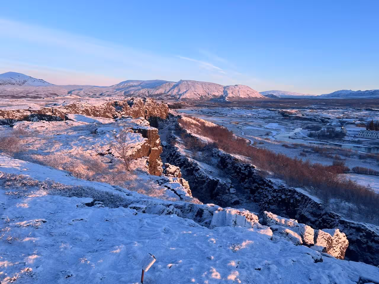 Snowy Thingvellir National Park rift valley viewpoint on Golden Circle day tour from Reykjavik, Iceland