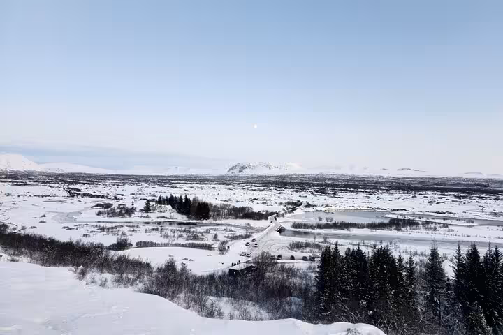 Aerial winter view of Þingvellir National Park covered in snow, part of Iceland's Golden Circle tour