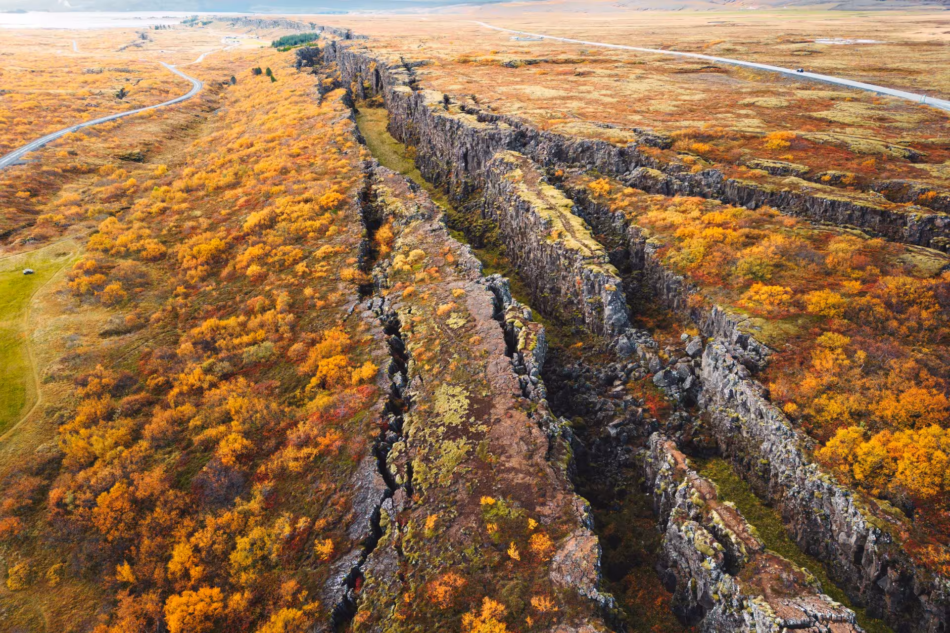 Aerial view of Þingvellir tectonic rift fissures with autumn foliage, Golden Circle Iceland