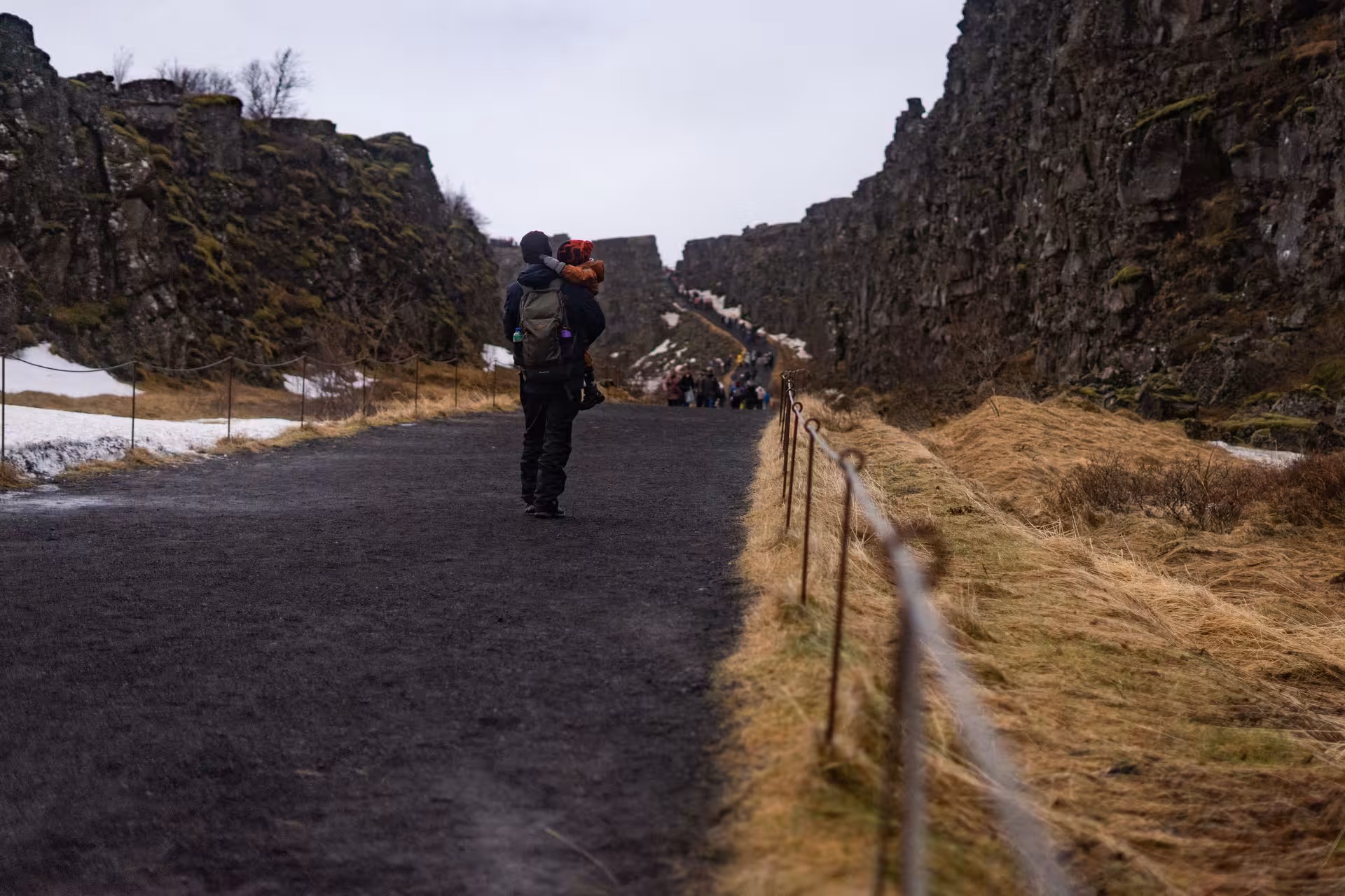 Visitor walking through Thingvellir National Park rift valley on a Golden Circle day tour from Reykjavik