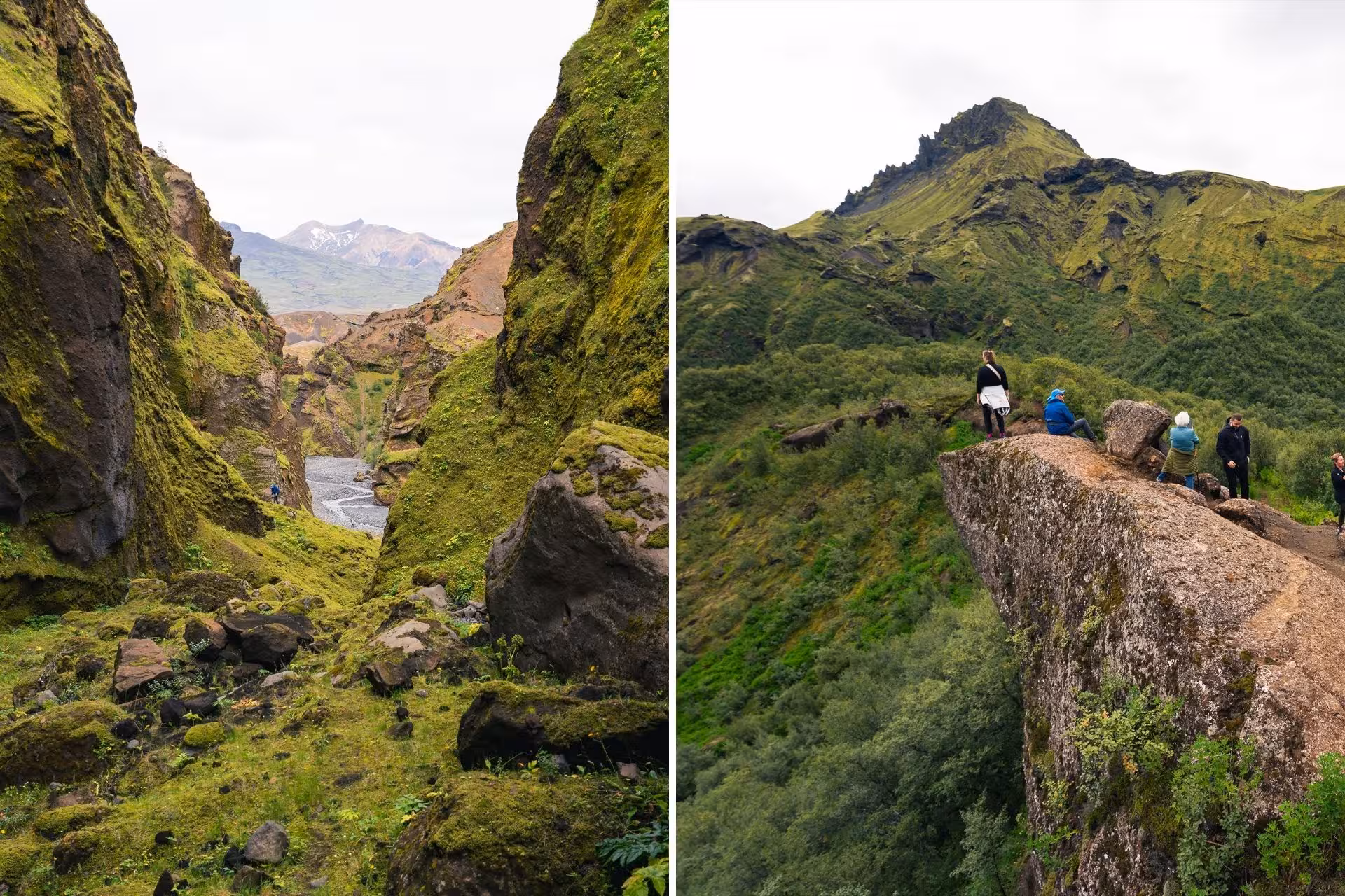 Hikers exploring moss-covered Thorsmork canyon gorge and rocky cliffs with green Icelandic mountains in background
