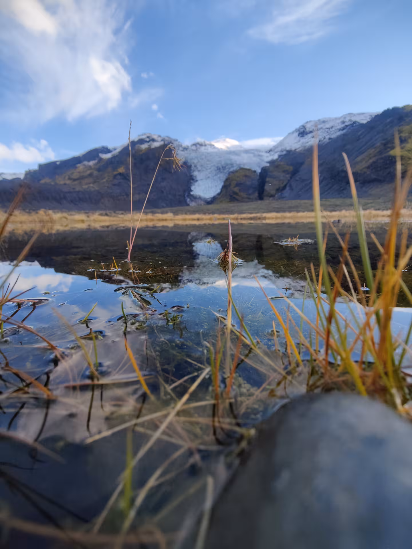 Glacier tongue descending between dark mountains reflected in a still pool with grass in foreground, Thorsmork Iceland