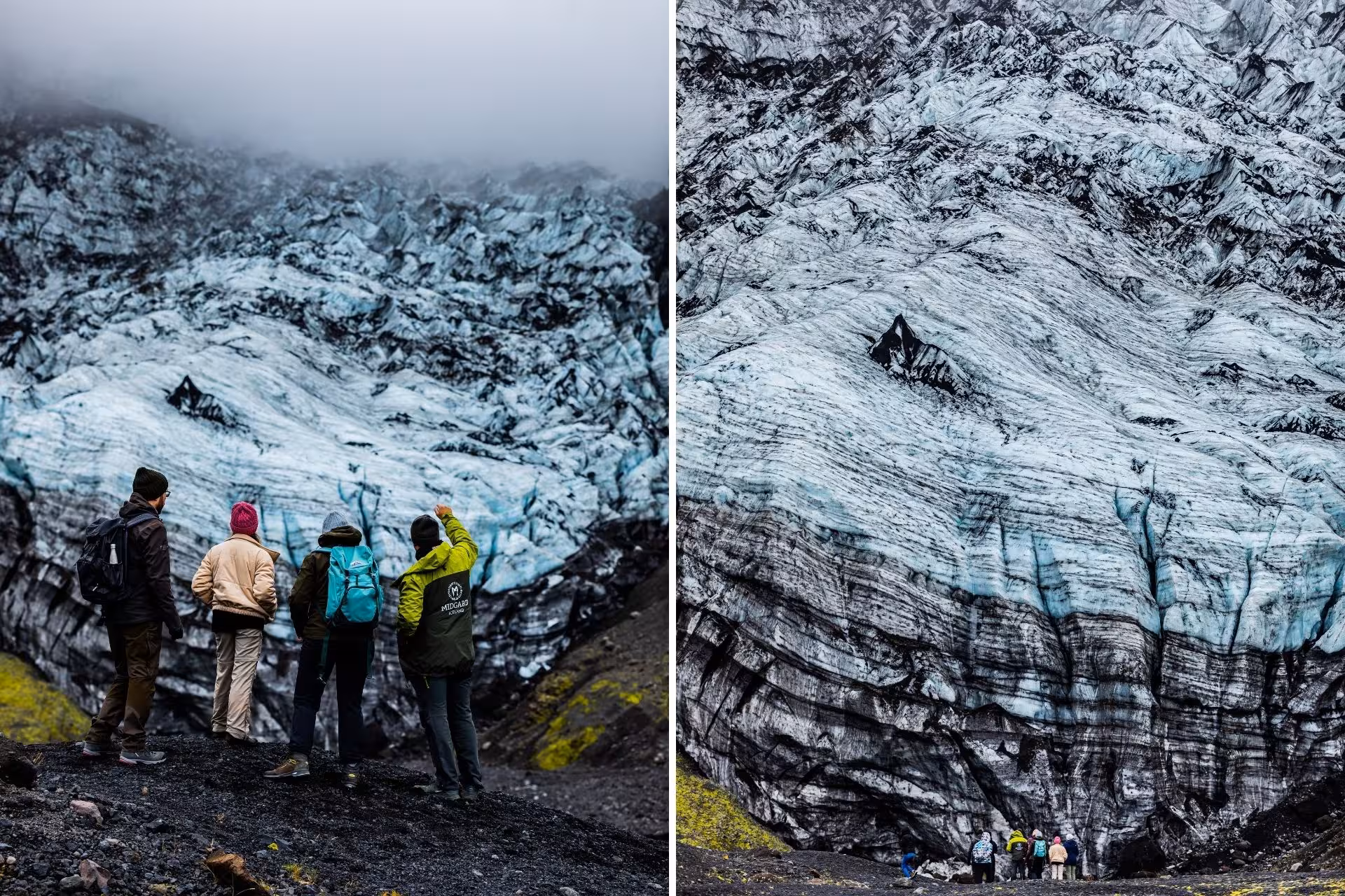 Tour group viewing massive glacial ice formations with volcanic ash streaks at Thorsmork, Iceland