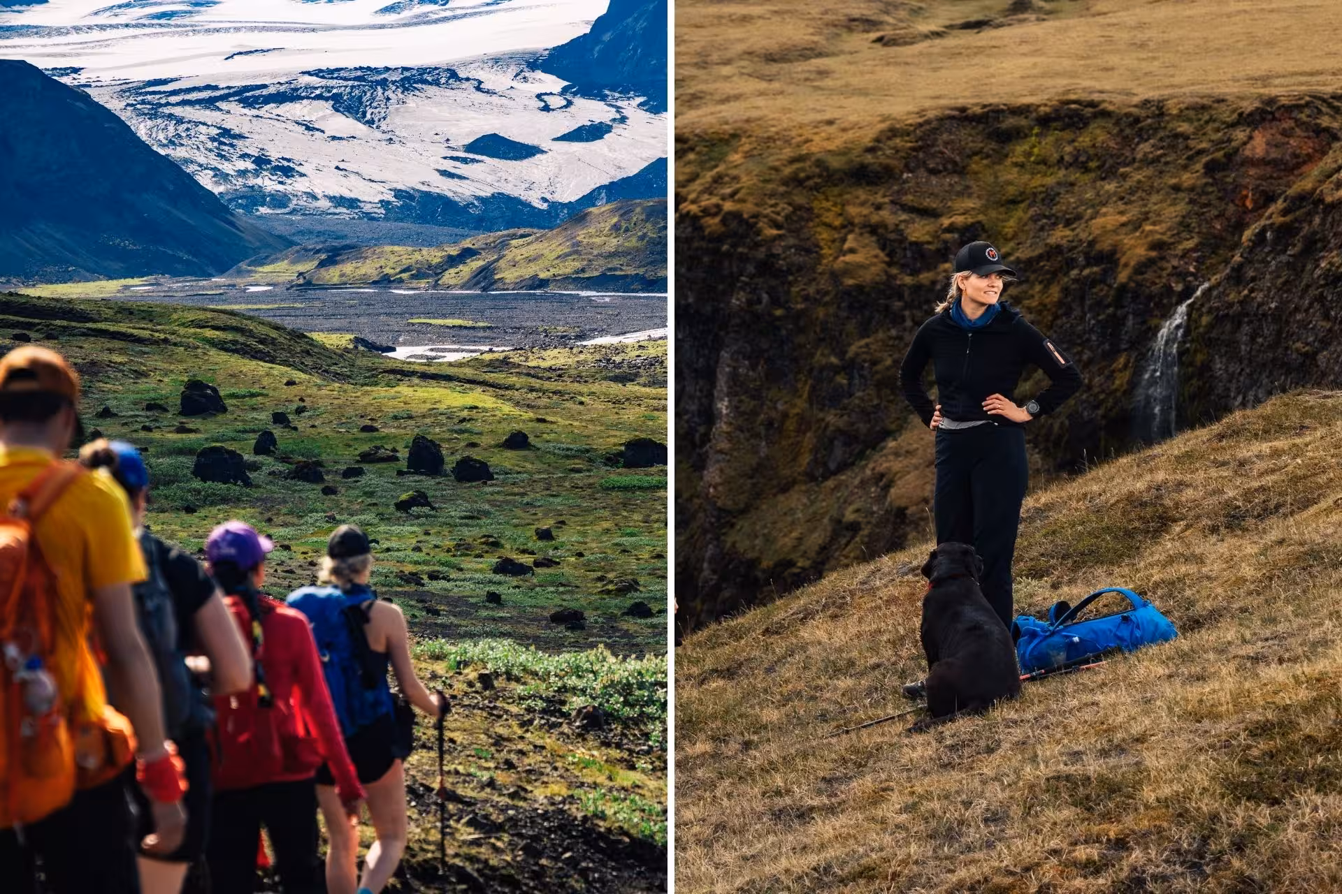 Group of hikers overlooking Thorsmork Iceland highlands with glacier and woman standing on grassy hillside with black dog