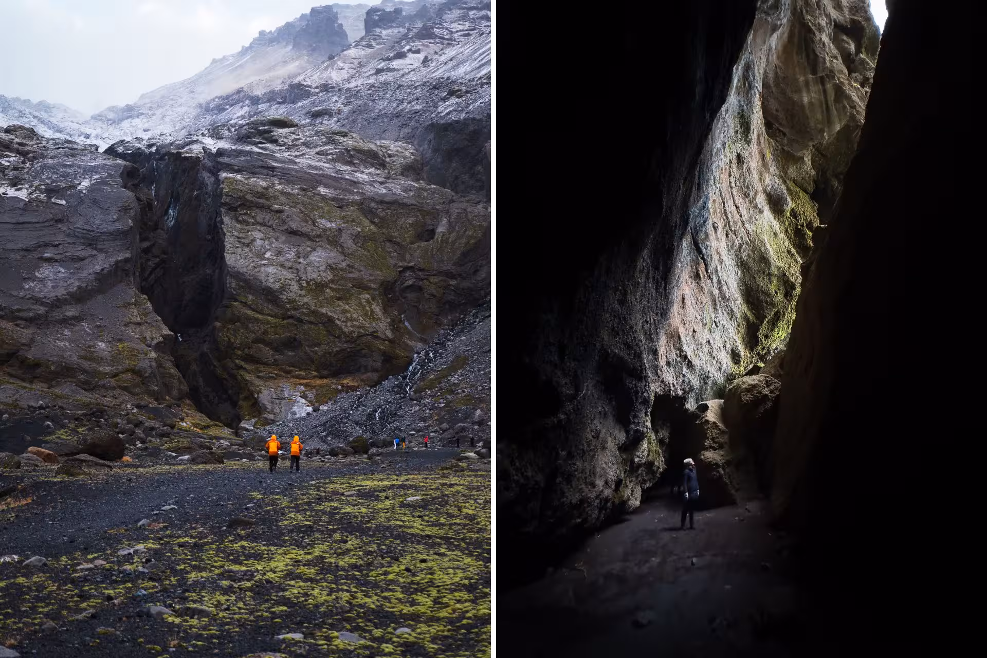 Hikers in orange jackets approaching Thorsmork glacier canyon and explorer inside dramatic rock cave passage