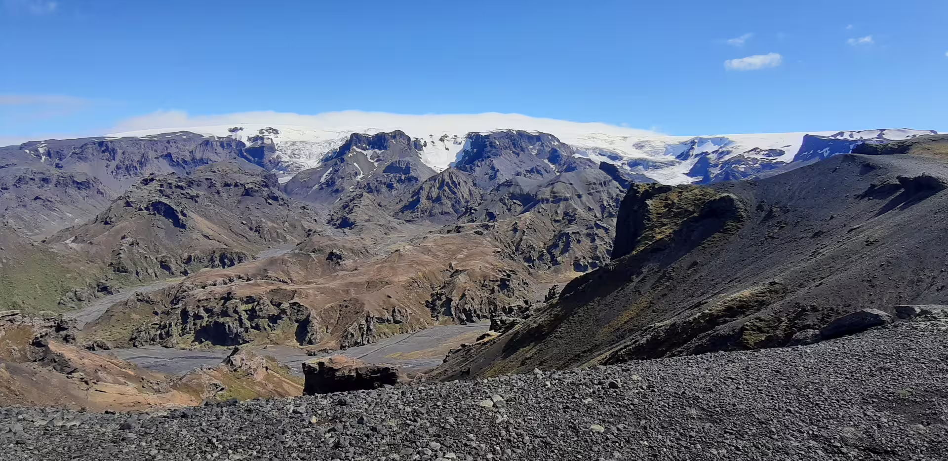 Panoramic view of Thorsmork volcanic landscape with glacial ice cap and black rocky terrain under blue sky