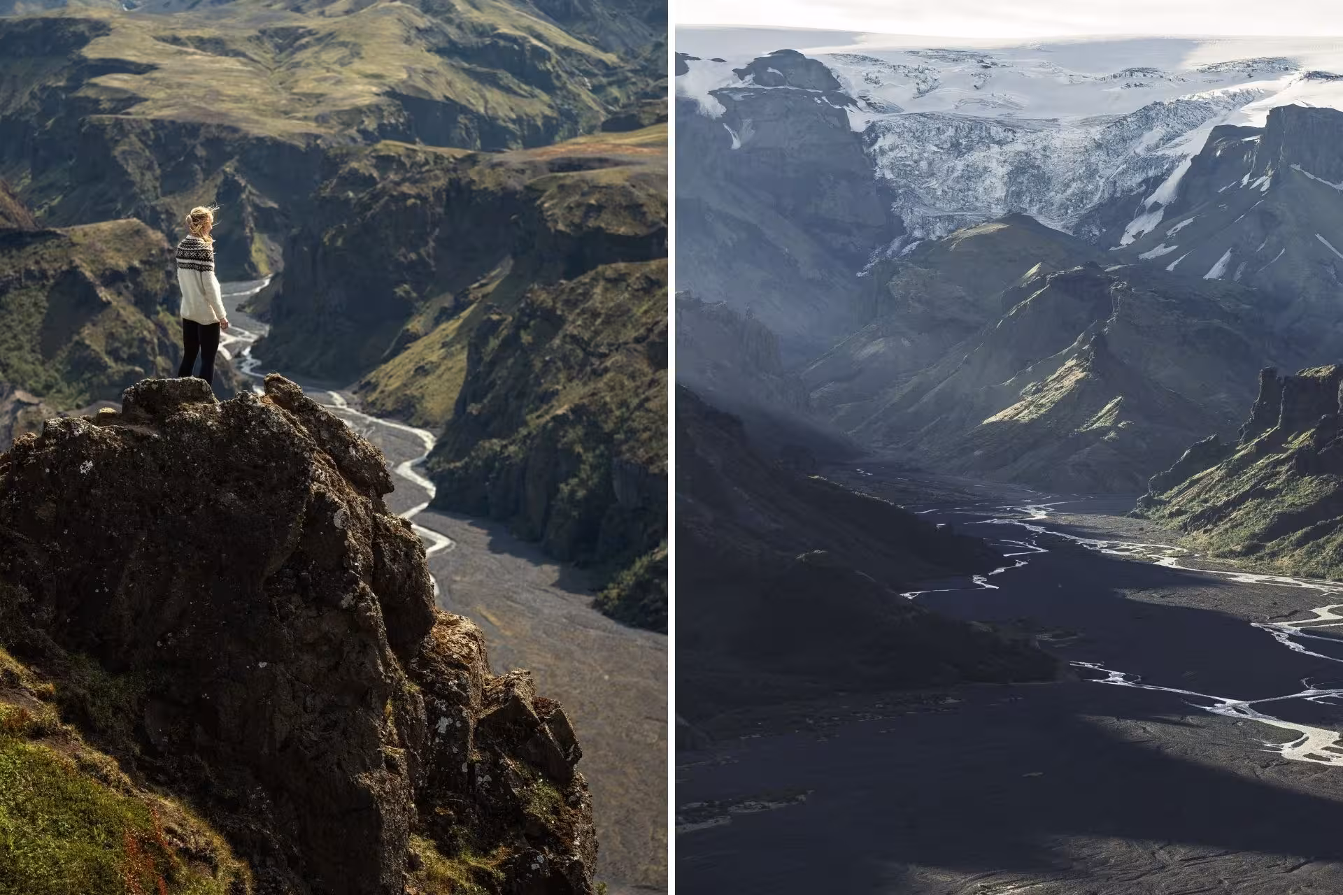Hiker standing on rocky cliff overlooking Thorsmork valley with winding glacial river and snow-capped mountains