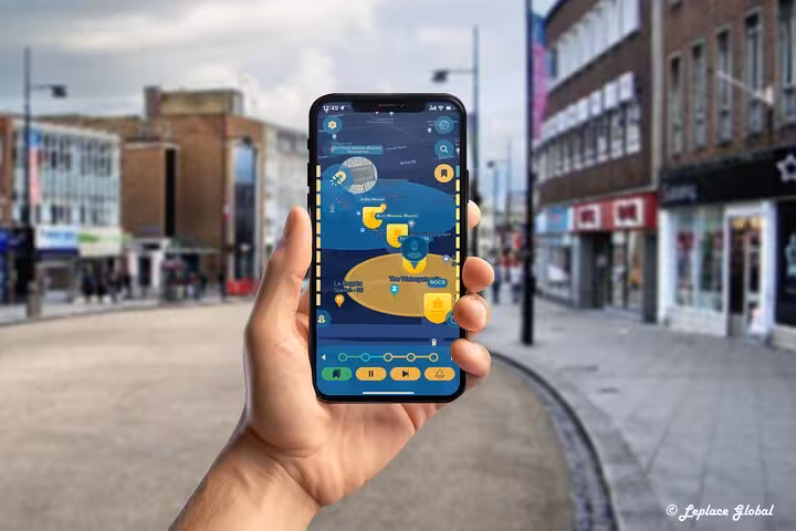 Interactive mobile app guide for Titanic History Walking Tour showing mapped landmarks in Southampton city center streets