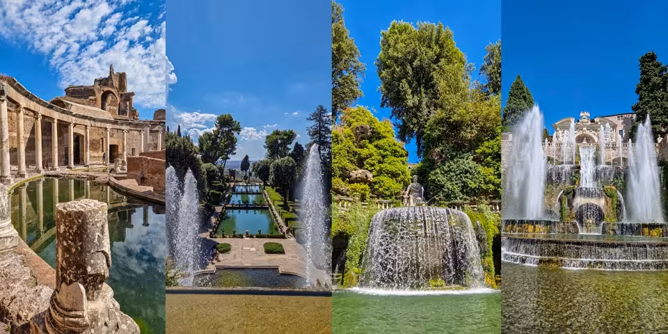 Collage of Tivoli's Imperial and Renaissance villas, showcasing stunning architecture and vibrant garden fountains.