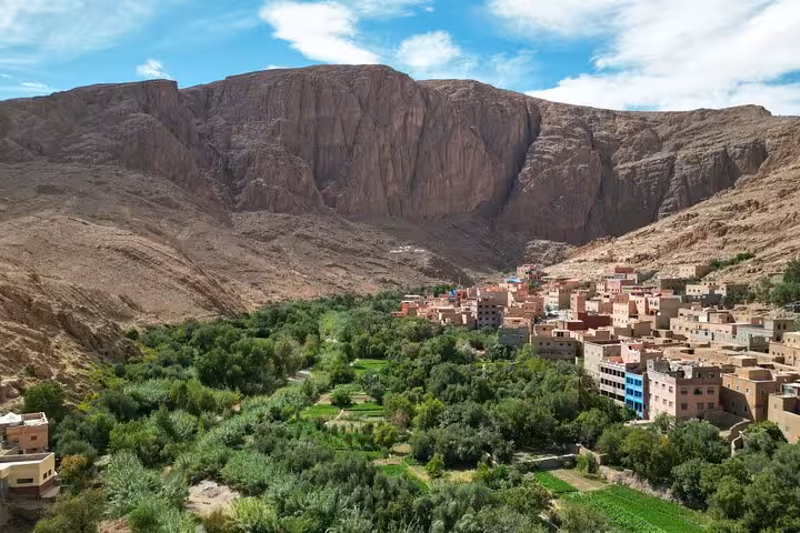 Lush green oasis nestled between rocky cliffs in the Todra Gorge, featured in a desert tour from Marrakech to Fes.
