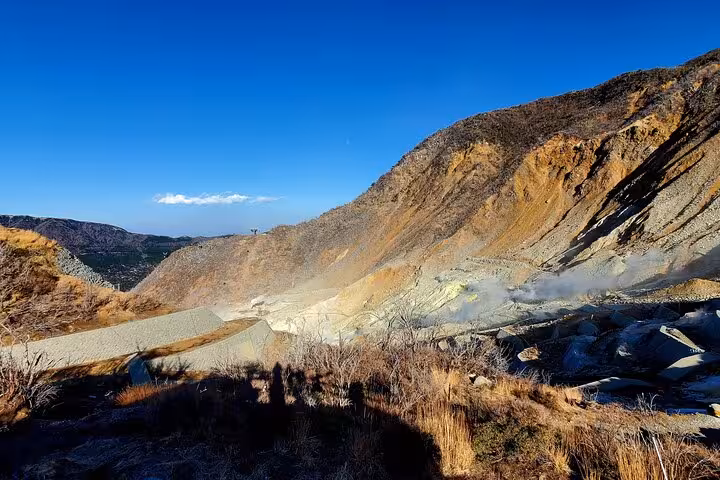 Scenic view of Owakudani volcanic valley with steaming vents on a Tokyo to Hakone private tour.