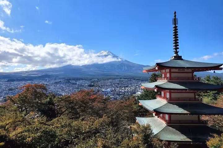 Traditional pagoda overlooking Mount Fuji and cityscape, a highlight of Tokyo to Mt. Fuji private tours.