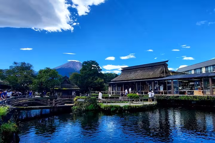 Scenic view of Mt. Fuji behind traditional Japanese village with a serene pond on Tokyo to Mt. Fuji private tour.