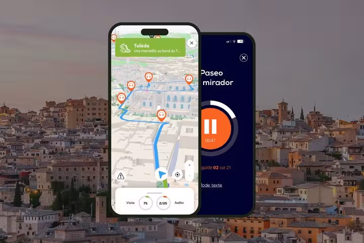 Toledo self-guided walking tour app showing interactive map with audio commentary on smartphone screens