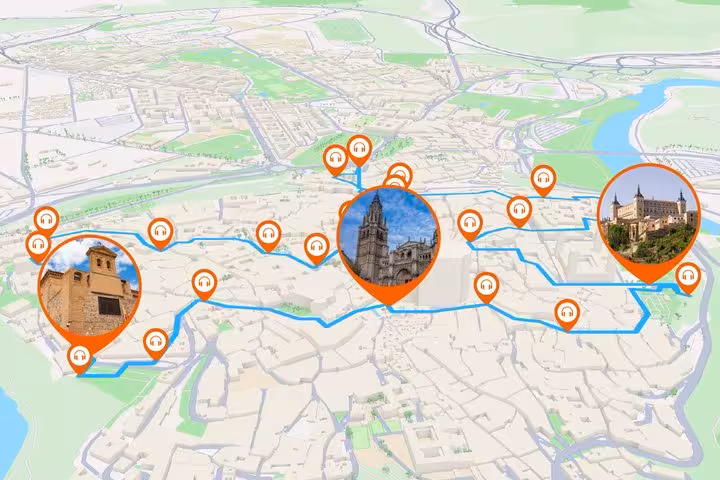 Toledo self-guided walking tour map with audio stops marking Cathedral, Alcázar, and historic landmarks