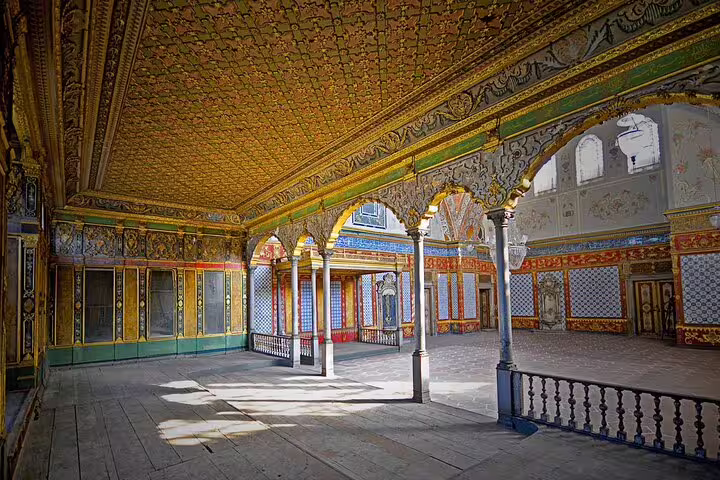 Ornate Topkapi Palace courtyard interior visited on private 6-hour Istanbul tour including Hagia Sophia and bazaar