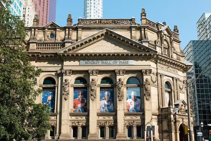 Hockey Hall of Fame historic neoclassical building facade in downtown Toronto with player banners