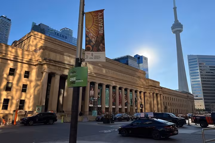 Iconic Toronto Union Station and CN Tower landmark featured on the Reel Toronto self-guided GPS walking tour