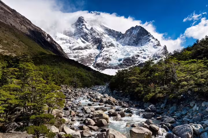 Scenic river and lush forest beneath snow-covered mountains in Torres del Paine, ideal for a trekking excursion.