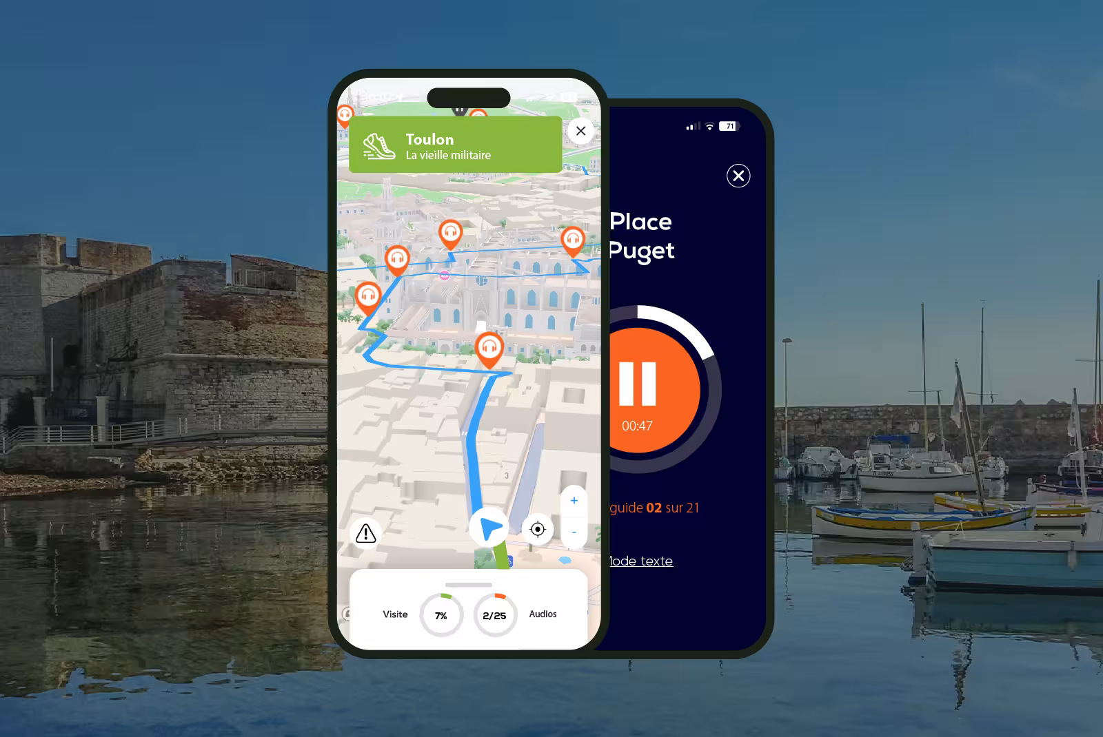 Toulon audioguide mobile application interface on smartphone with the harbor in the background.