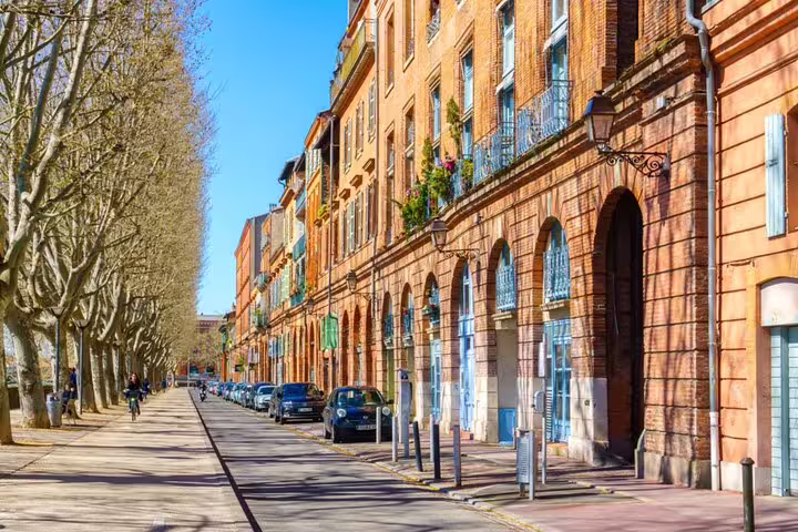 Tree-lined street with pink brick buildings and arched facades in Toulouse, France