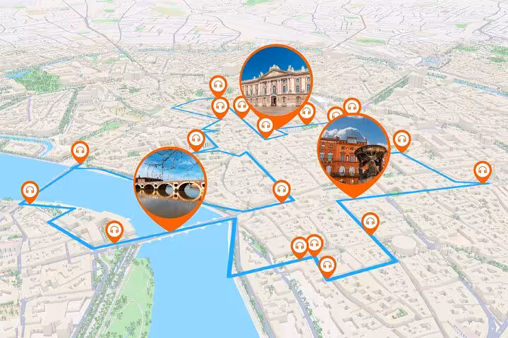 Interactive map of Toulouse self-guided audio walking tour with landmark pins at Capitole and Pont Neuf