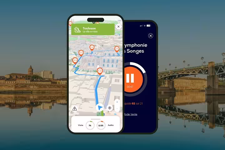 Self-guided walking tour app showing Toulouse map with audio guide player on two smartphones