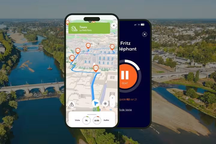 Self-guided audio tour app showing 3D map of Tours, France with navigation route and audio guide player