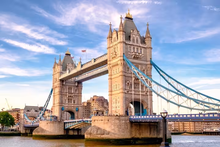 Tower Bridge over the River Thames in London on a sunny day with blue sky