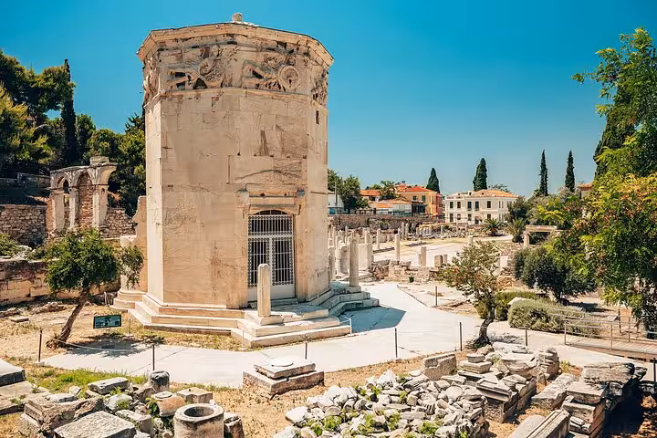 Tower of the Winds in Roman Agora on a small-group Athens panoramic tour, exploring Plaka’s old streets