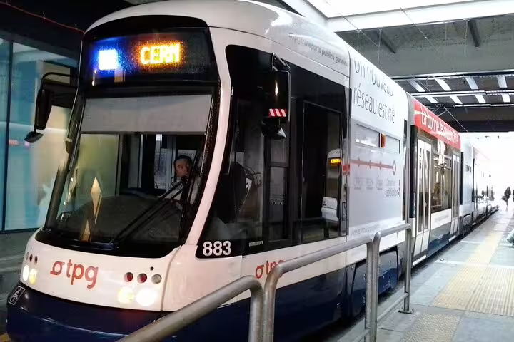 TPG tram number 883 at Geneva station platform heading to Gare Cornavin
