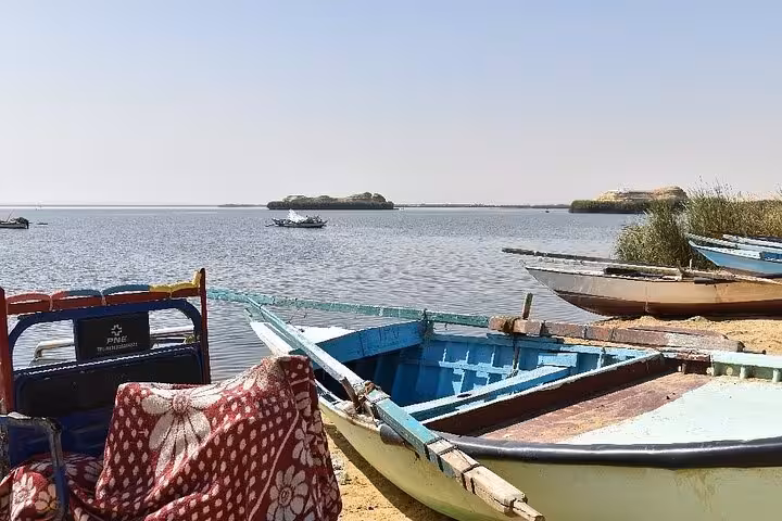 Traditional boats on Lake Qarun, Fayoum Oasis tour from Cairo with Magic Lake visit and desert dunes