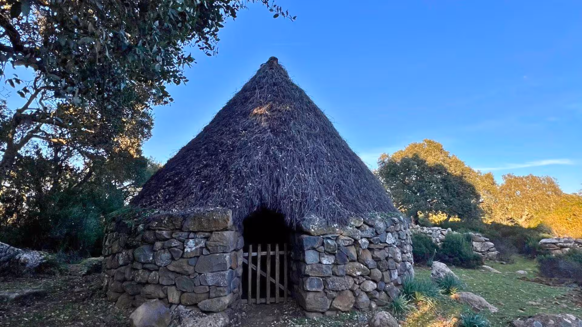 Traditional stone hut with a thatched roof surrounded by lush greenery in Giara Park, perfect for cultural trekking tours.