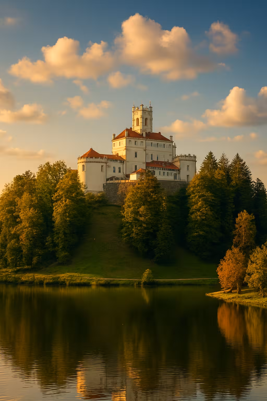 Trakošćan Castle perched on a hill reflected in a calm lake at golden hour, Croatia