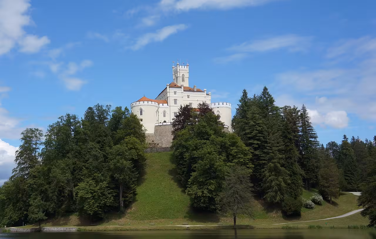 Trakošćan Castle perched above the lake and forest, scenic stop on Varazdin former capital of Croatia tour