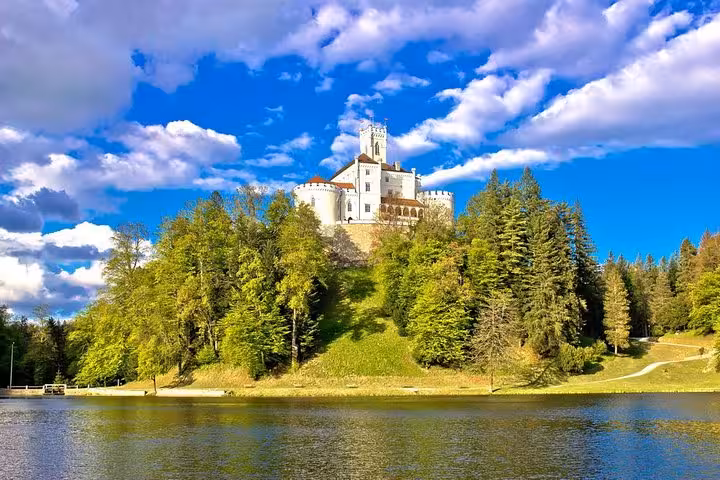 Trakošćan Castle above the lake near Zagreb, iconic stop on fairytale castle tour with wine tasting and lunch