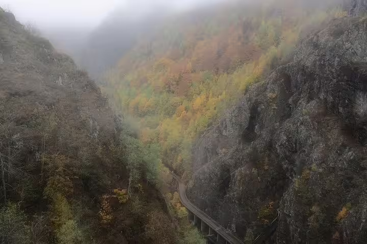 Aerial view of Transfagarasan Road winding through autumn forest gorge in misty mountains, Romania