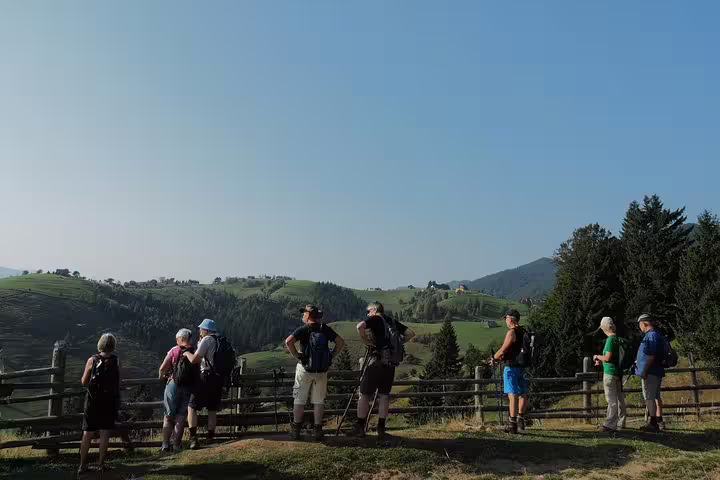 Hikers at wooden fence viewpoint overlooking green Carpathian Mountain hills in Transylvania