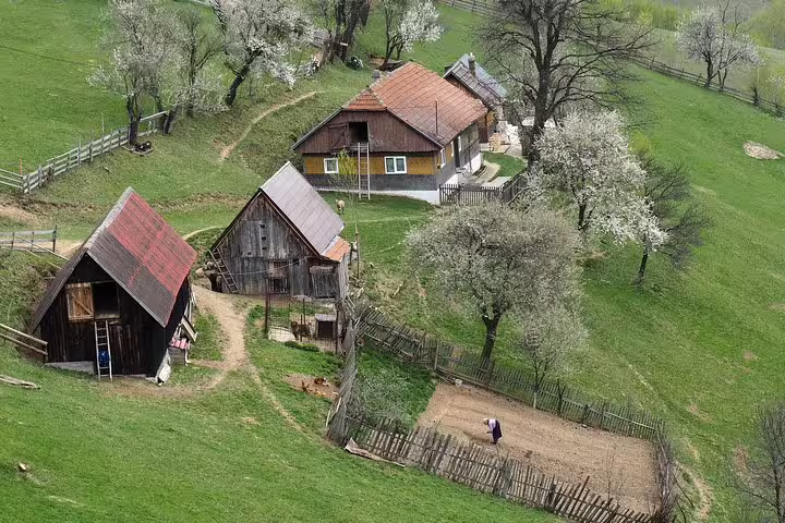 Aerial view of traditional Transylvania village farmhouses on green Carpathian Mountain hillside in spring