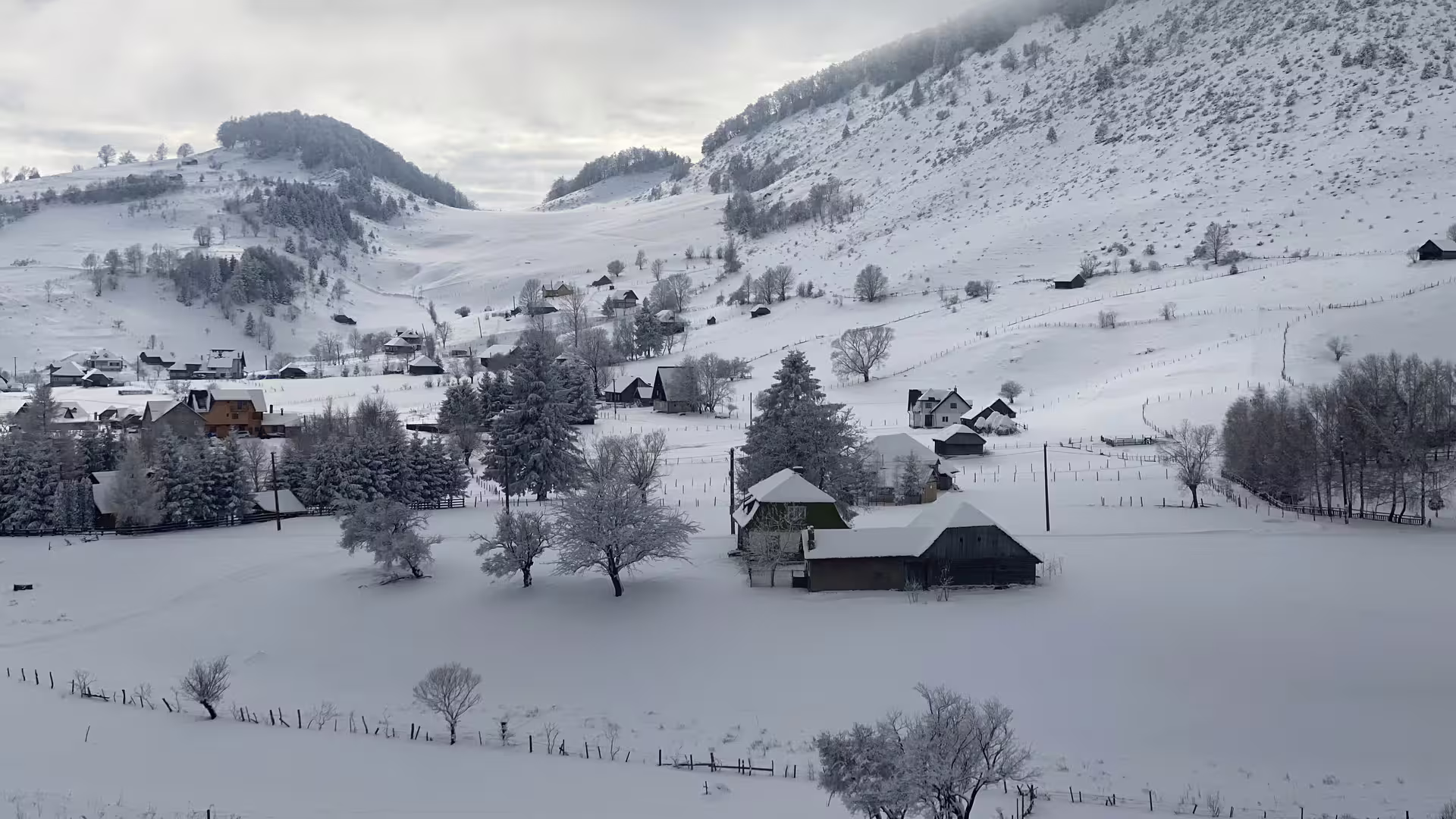 Snow-covered Transylvania village with traditional houses and evergreen trees nestled in a mountain valley in winter
